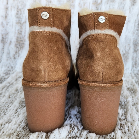 NWOT UGG "Kasen" Suede Sherpa Block Heel Ankle Boot Tan Leather | Women’s 9.5 - Picture 4 of 13